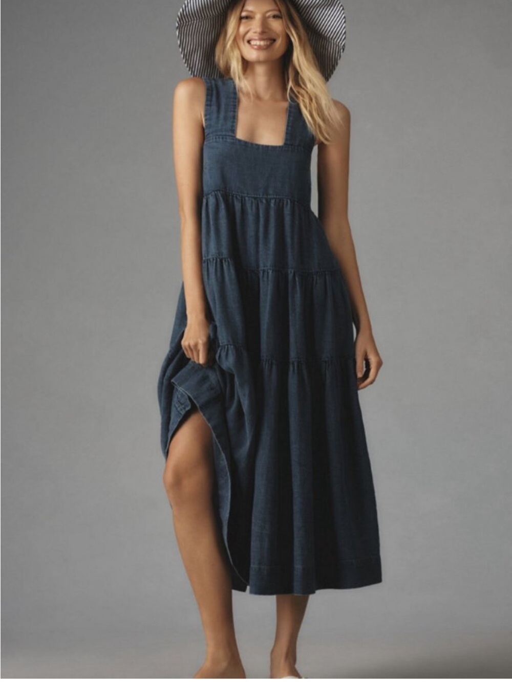 Anthropologie Helena Square-Neck Midi Dress: Smocked Denim Size Small - Fits Big